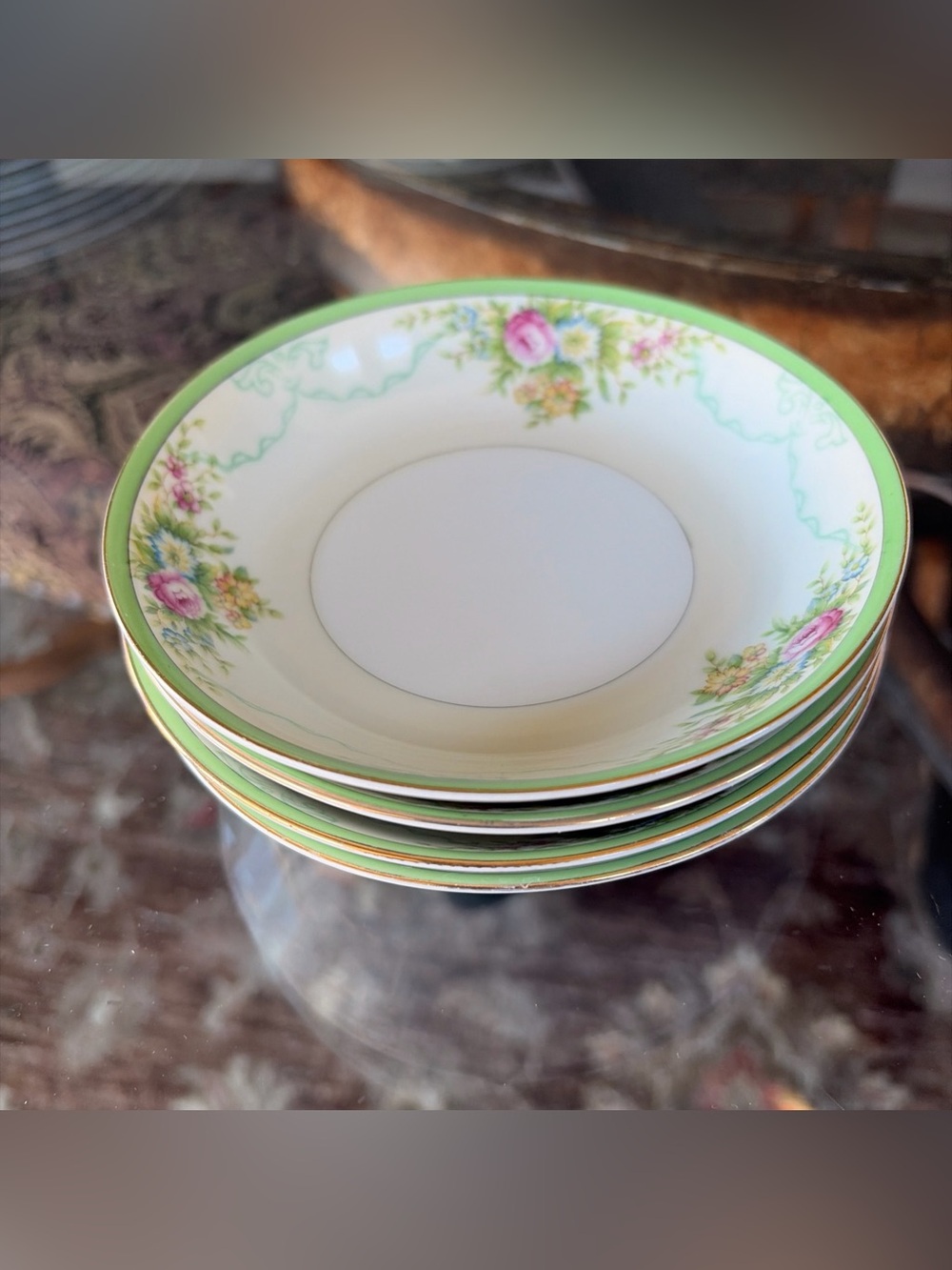 VTG Grace China Soup Bowls-5.25” “Floral Garden”-Gree Trim/Floral Print-4 Count